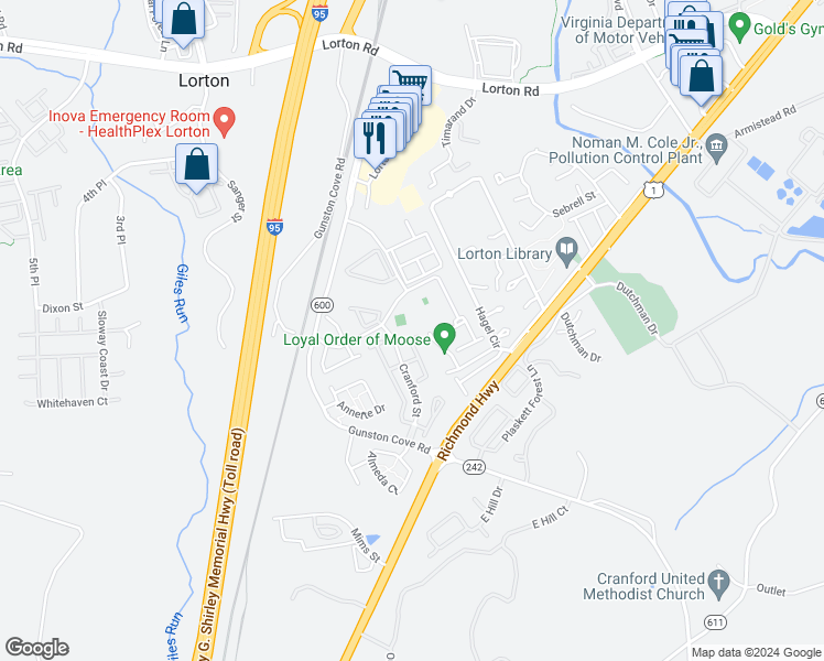 map of restaurants, bars, coffee shops, grocery stores, and more near 9615 Franklin Woods Place in Lorton