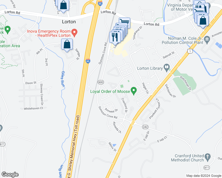map of restaurants, bars, coffee shops, grocery stores, and more near 8101 Dove Cottage Court in Lorton