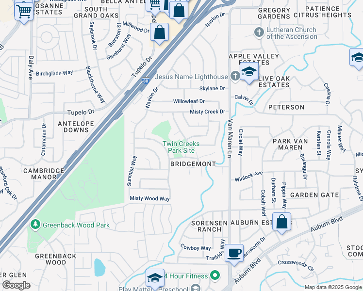 map of restaurants, bars, coffee shops, grocery stores, and more near 7201 Starflower Drive in Citrus Heights