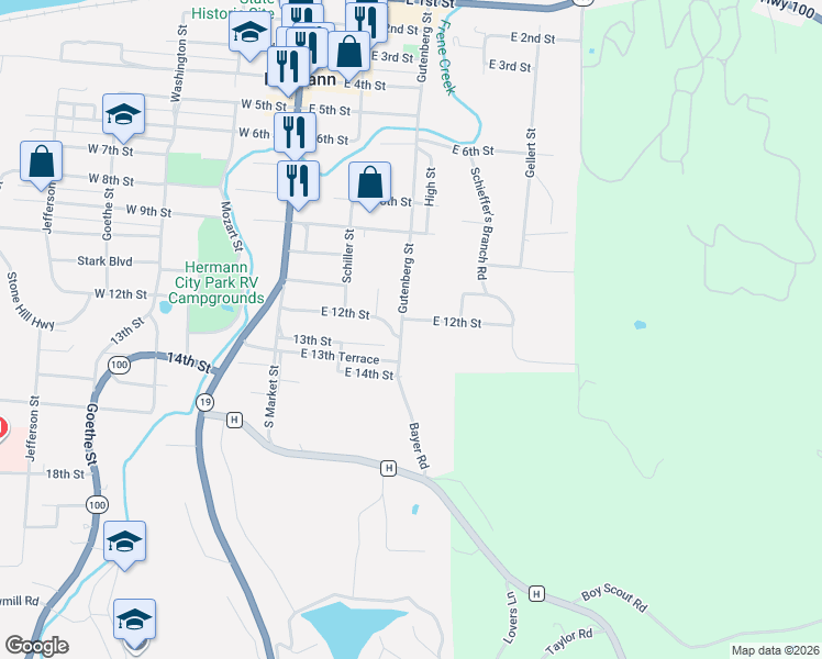map of restaurants, bars, coffee shops, grocery stores, and more near 1207 Gutenberg Street in Hermann