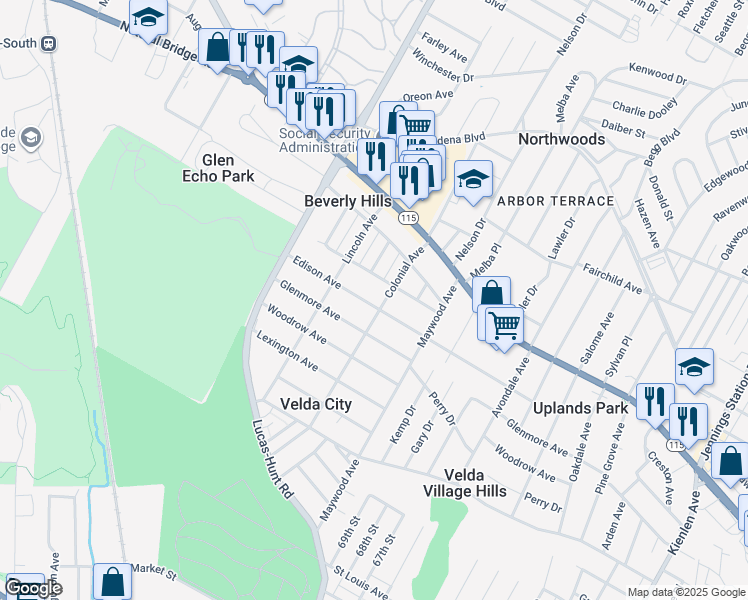 map of restaurants, bars, coffee shops, grocery stores, and more near 7005 Edison Avenue in St. Louis