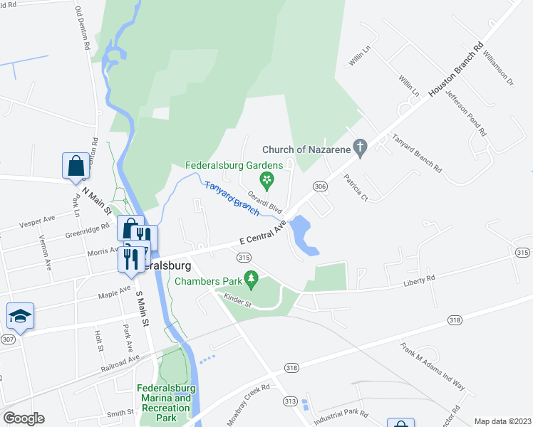 map of restaurants, bars, coffee shops, grocery stores, and more near 107 Houston Branch Road in Federalsburg