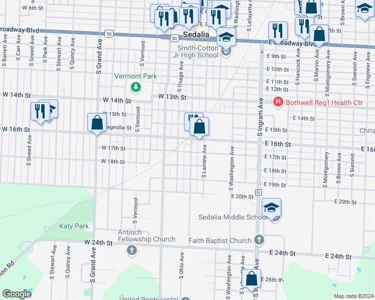 map of restaurants, bars, coffee shops, grocery stores, and more near 1646 South Ohio Avenue in Sedalia