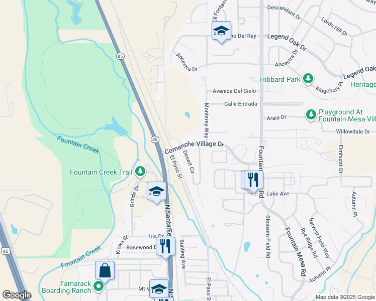 map of restaurants, bars, coffee shops, grocery stores, and more near 303 Comanche Village Drive in Fountain