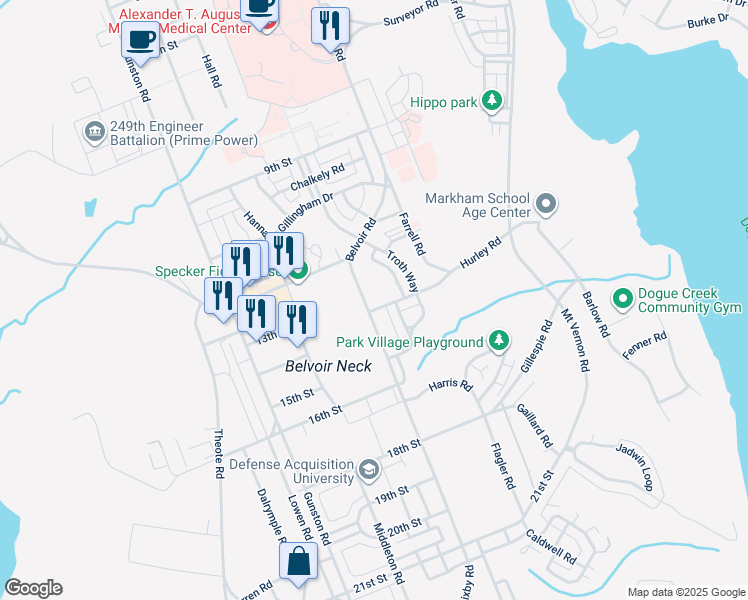 map of restaurants, bars, coffee shops, grocery stores, and more near 9625 Belvoir Road in Fort Belvoir