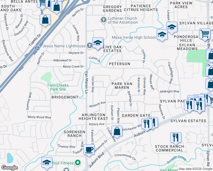 map of restaurants, bars, coffee shops, grocery stores, and more near 6827 Candelabra Drive in Citrus Heights