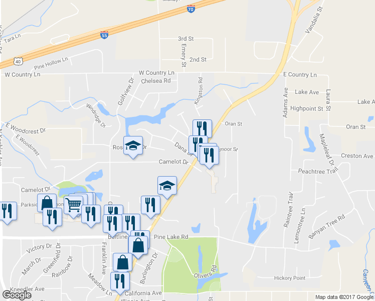 map of restaurants, bars, coffee shops, grocery stores, and more near 106 Dana Drive in Collinsville