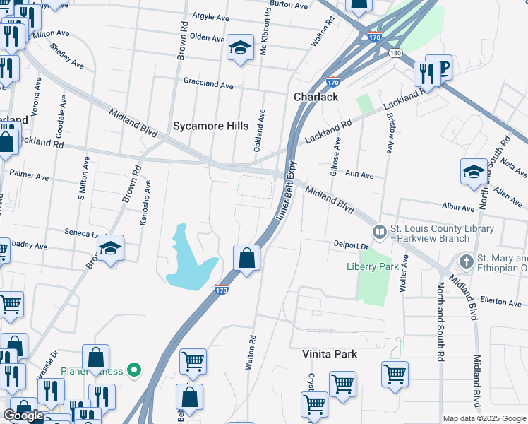 map of restaurants, bars, coffee shops, grocery stores, and more near 8601 Walton Road in Overland