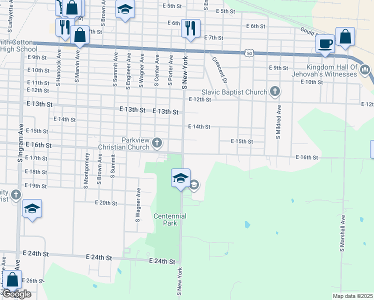 map of restaurants, bars, coffee shops, grocery stores, and more near 1601 East 16th Street in Sedalia