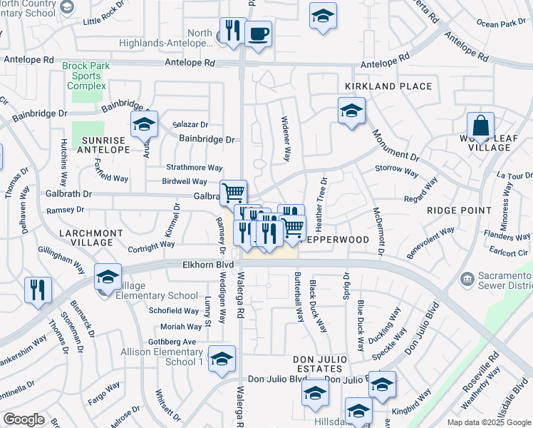 map of restaurants, bars, coffee shops, grocery stores, and more near 2 Galbrath Drive in Sacramento