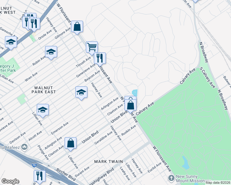 map of restaurants, bars, coffee shops, grocery stores, and more near 5400 West Florissant Avenue in St. Louis