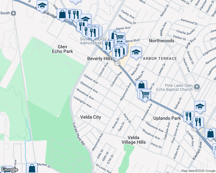 map of restaurants, bars, coffee shops, grocery stores, and more near 7004 Greenway Avenue in St. Louis