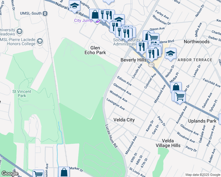 map of restaurants, bars, coffee shops, grocery stores, and more near 3246 Lucas and Hunt Road in St. Louis