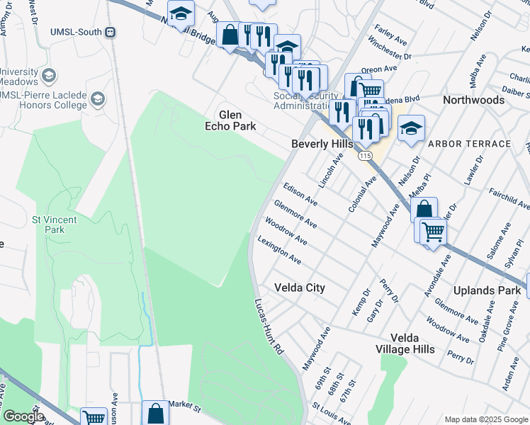 map of restaurants, bars, coffee shops, grocery stores, and more near 3246 Lucas and Hunt Road in St. Louis