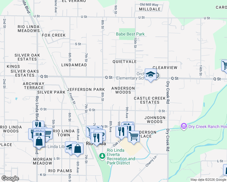map of restaurants, bars, coffee shops, grocery stores, and more near 833 Anderson Wood Way in Rio Linda
