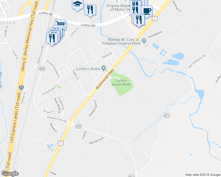 map of restaurants, bars, coffee shops, grocery stores, and more near 7700 Baird Court in Lorton