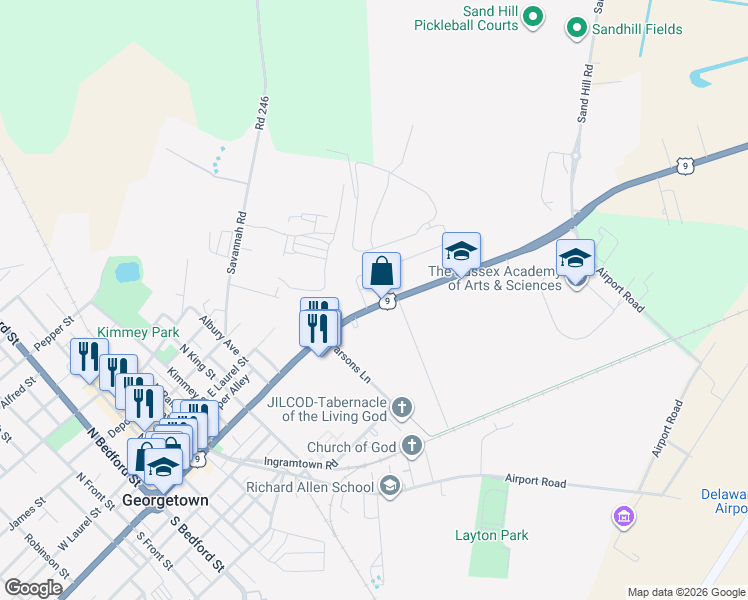 map of restaurants, bars, coffee shops, grocery stores, and more near 603 East Market Street in Georgetown
