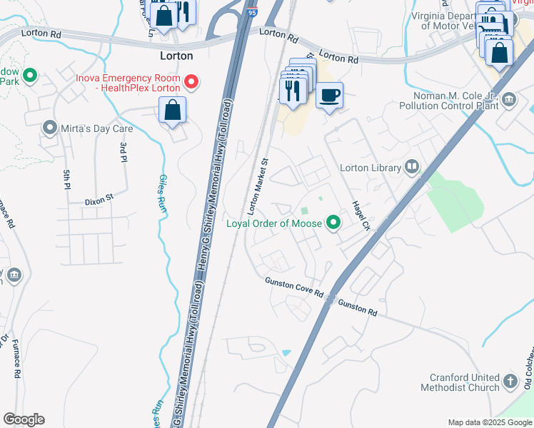 map of restaurants, bars, coffee shops, grocery stores, and more near 9621 Masey McQuire Court in Lorton