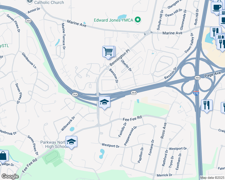 map of restaurants, bars, coffee shops, grocery stores, and more near 1922 Western Cape Drive in St. Louis