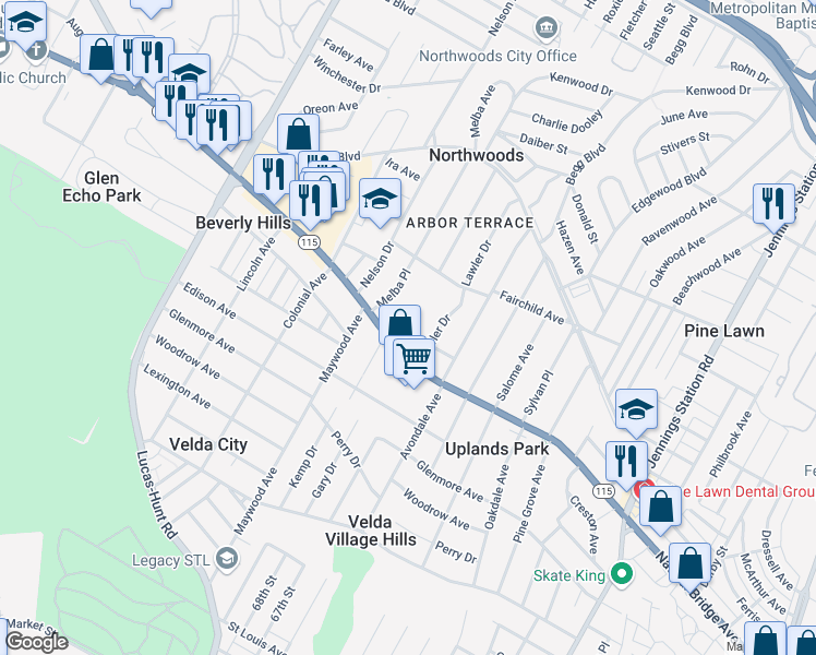 map of restaurants, bars, coffee shops, grocery stores, and more near 6825 Natural Bridge Road in St. Louis