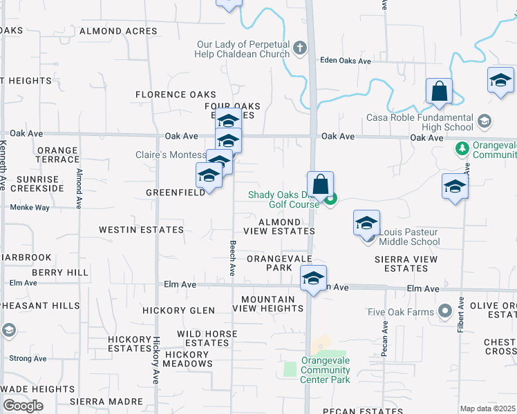 map of restaurants, bars, coffee shops, grocery stores, and more near 8830 Mavis Avenue in Orangevale
