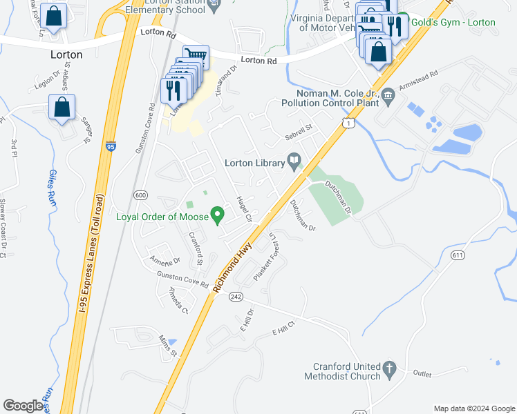 map of restaurants, bars, coffee shops, grocery stores, and more near 9900 Hagel Circle in Lorton