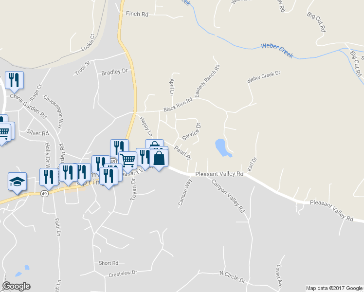 map of restaurants, bars, coffee shops, grocery stores, and more near 634 Pearl Place in Diamond Springs