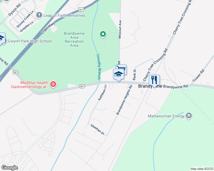 map of restaurants, bars, coffee shops, grocery stores, and more near 14100 Kathleen Lane in Brandywine