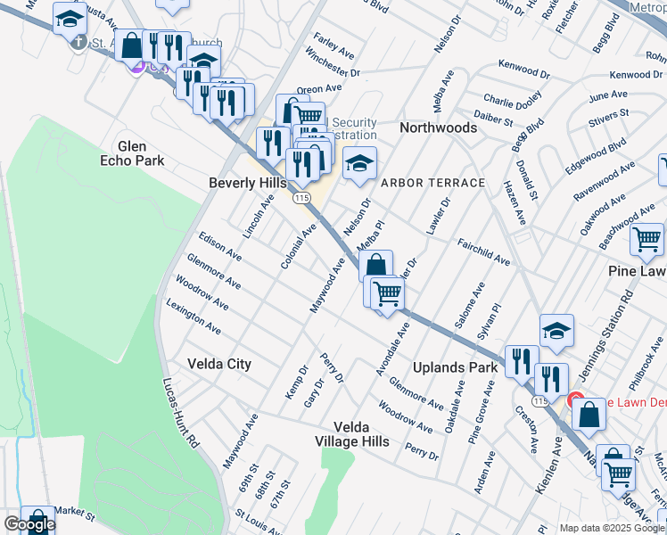 map of restaurants, bars, coffee shops, grocery stores, and more near 6901 Hunter Avenue in St. Louis