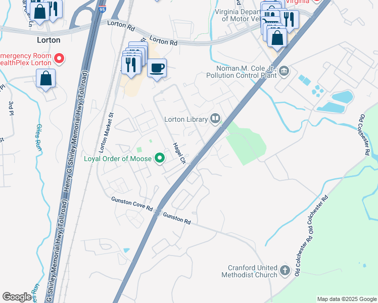map of restaurants, bars, coffee shops, grocery stores, and more near 9900 Hagel Circle in Lorton