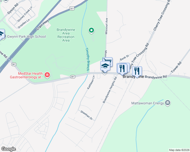 map of restaurants, bars, coffee shops, grocery stores, and more near 14100 Kathleen Lane in Brandywine