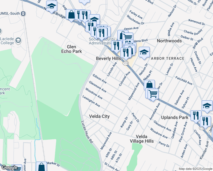 map of restaurants, bars, coffee shops, grocery stores, and more near 7024 Edison Avenue in St. Louis