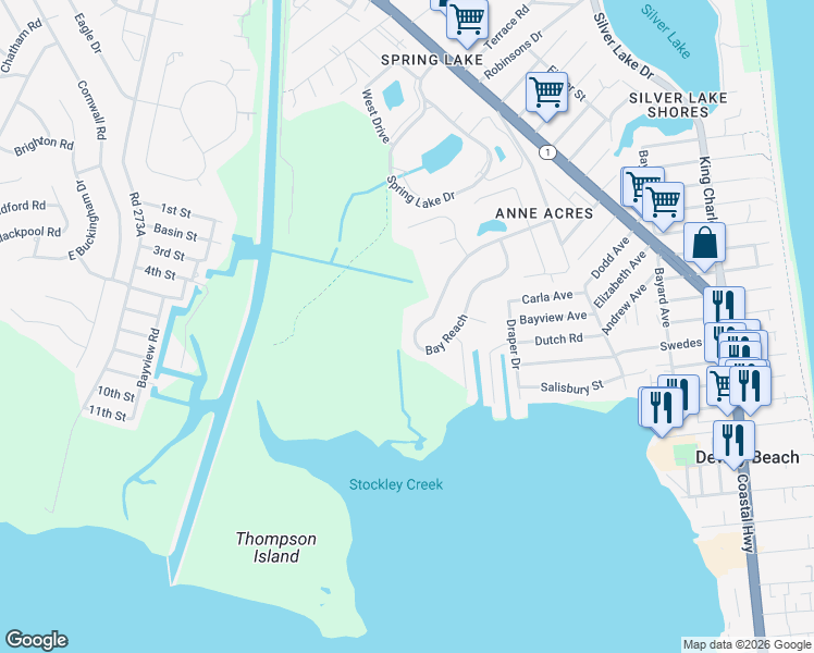 map of restaurants, bars, coffee shops, grocery stores, and more near 25 Bay Reach in Rehoboth Beach