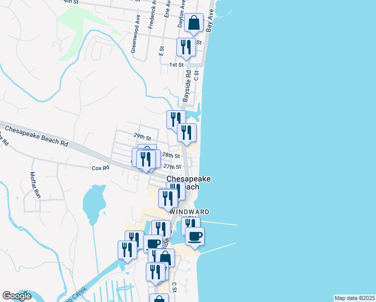 map of restaurants, bars, coffee shops, grocery stores, and more near 8321 Bayside Road in Chesapeake Beach