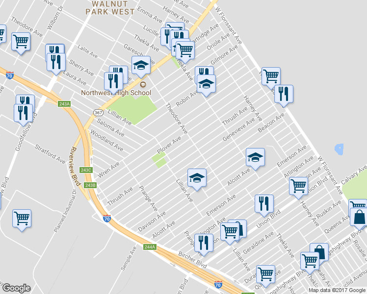 map of restaurants, bars, coffee shops, grocery stores, and more near 5041 Thrush Avenue in St. Louis