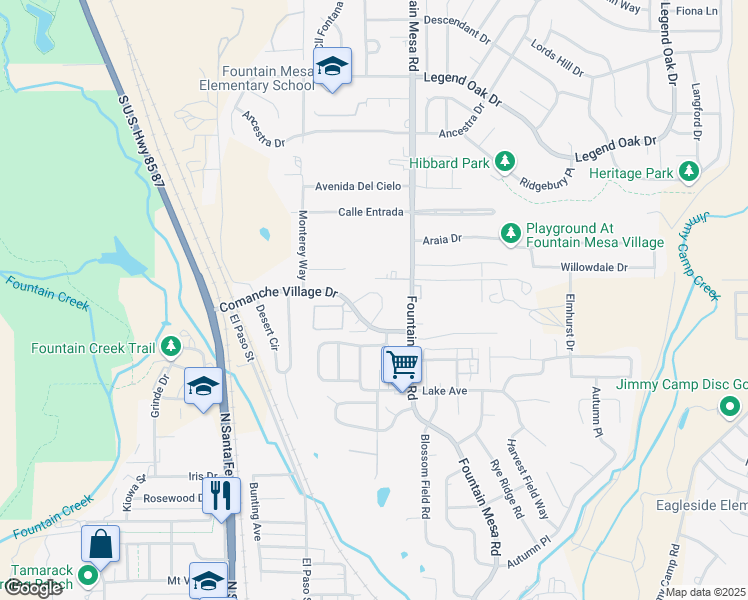 map of restaurants, bars, coffee shops, grocery stores, and more near 506 Comanche Village Drive in Fountain