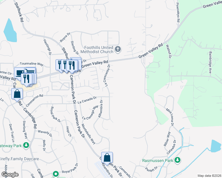 map of restaurants, bars, coffee shops, grocery stores, and more near 2731 La Crescenta Drive in Cameron Park
