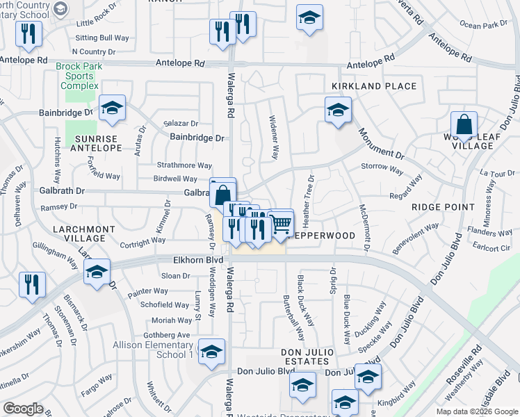 map of restaurants, bars, coffee shops, grocery stores, and more near 2 Galbrath Drive in Sacramento