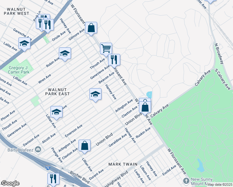 map of restaurants, bars, coffee shops, grocery stores, and more near 5514 Alcott Avenue in St. Louis