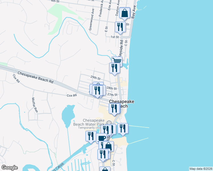 map of restaurants, bars, coffee shops, grocery stores, and more near 3806 28th Street in Chesapeake Beach