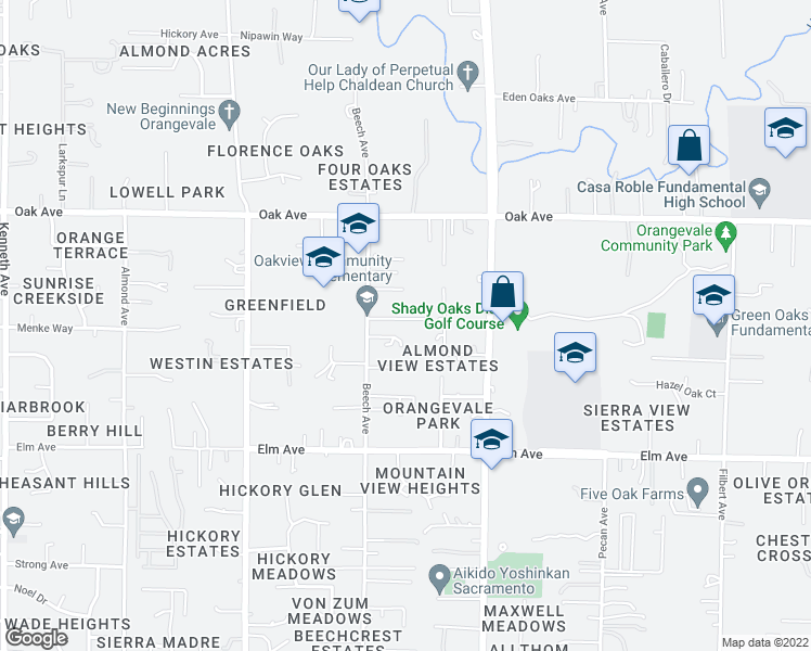 map of restaurants, bars, coffee shops, grocery stores, and more near 8830 Mavis Avenue in Orangevale