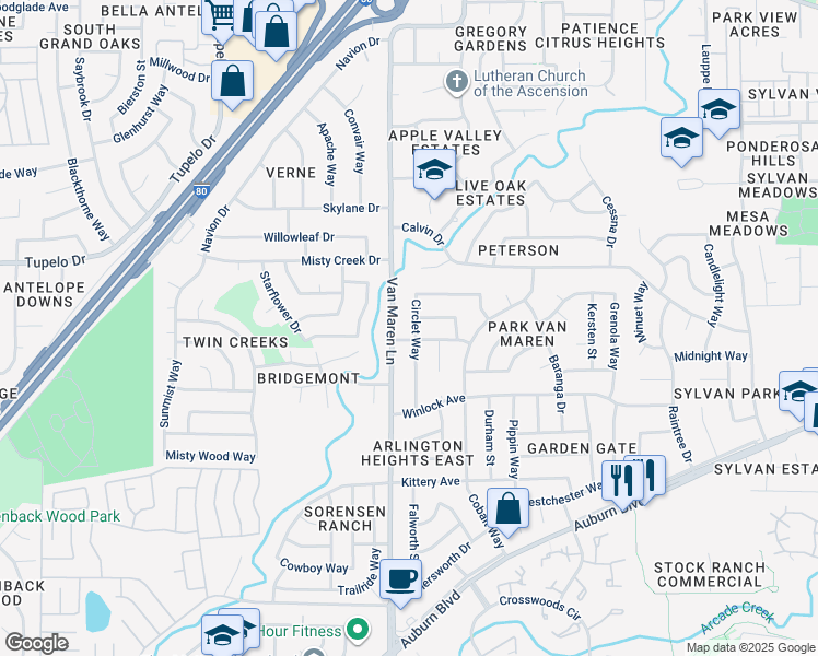 map of restaurants, bars, coffee shops, grocery stores, and more near 7209 Circlet Way in Citrus Heights