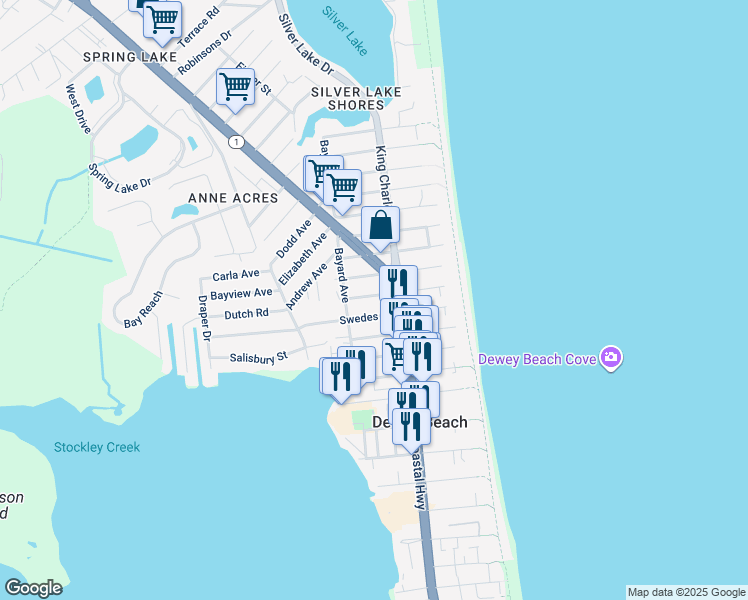map of restaurants, bars, coffee shops, grocery stores, and more near 112 Clayton Street in Dewey Beach