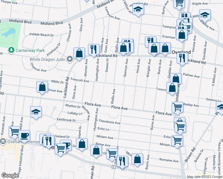 map of restaurants, bars, coffee shops, grocery stores, and more near 2229 Wallis Avenue in Overland