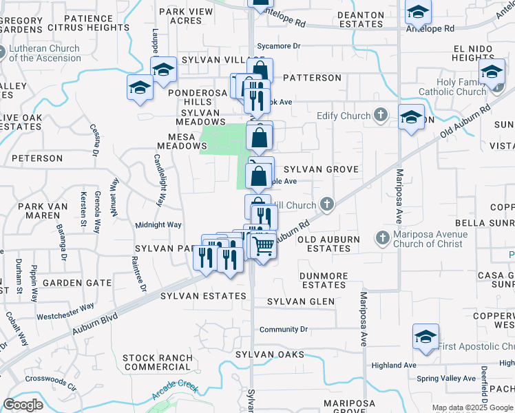 map of restaurants, bars, coffee shops, grocery stores, and more near 7212 Auburn Boulevard in Citrus Heights