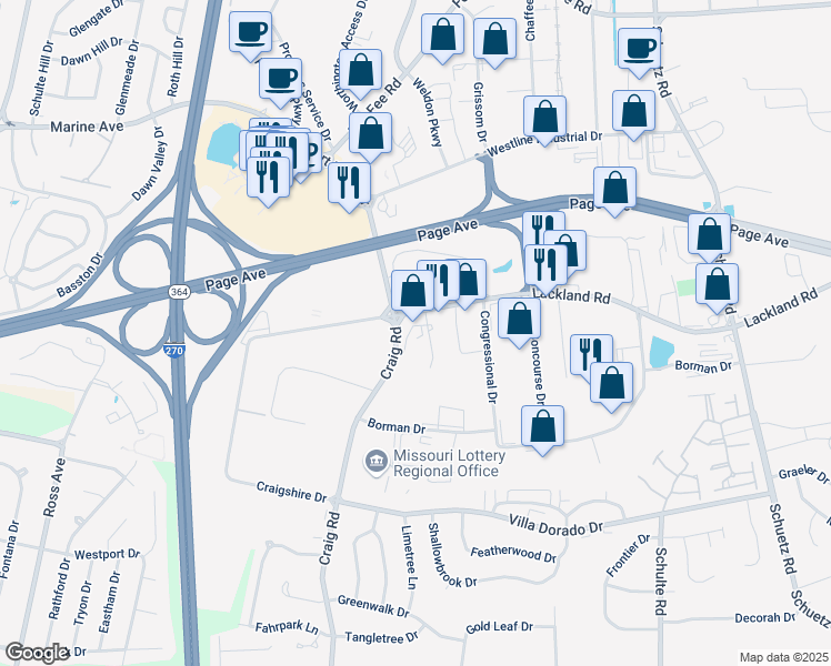 map of restaurants, bars, coffee shops, grocery stores, and more near 2090 Craig Road in St. Louis
