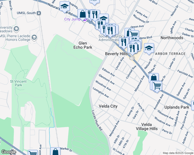 map of restaurants, bars, coffee shops, grocery stores, and more near 3246 Lucas and Hunt Road in St. Louis