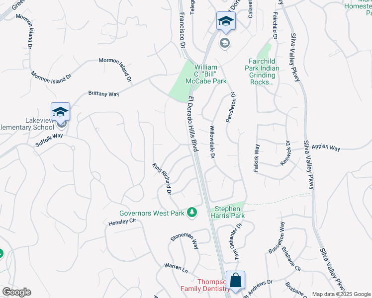 map of restaurants, bars, coffee shops, grocery stores, and more near 987 King Henry Way in El Dorado Hills