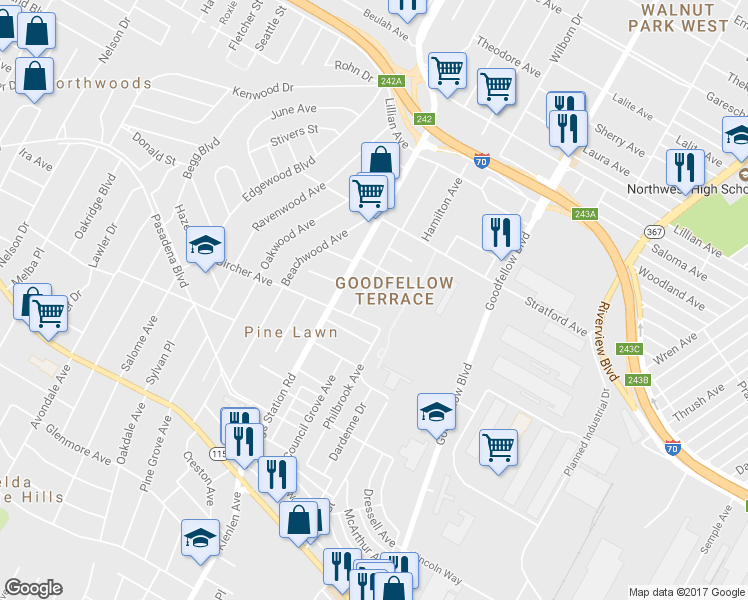 map of restaurants, bars, coffee shops, grocery stores, and more near 6108 Huntsville Avenue in Saint Louis