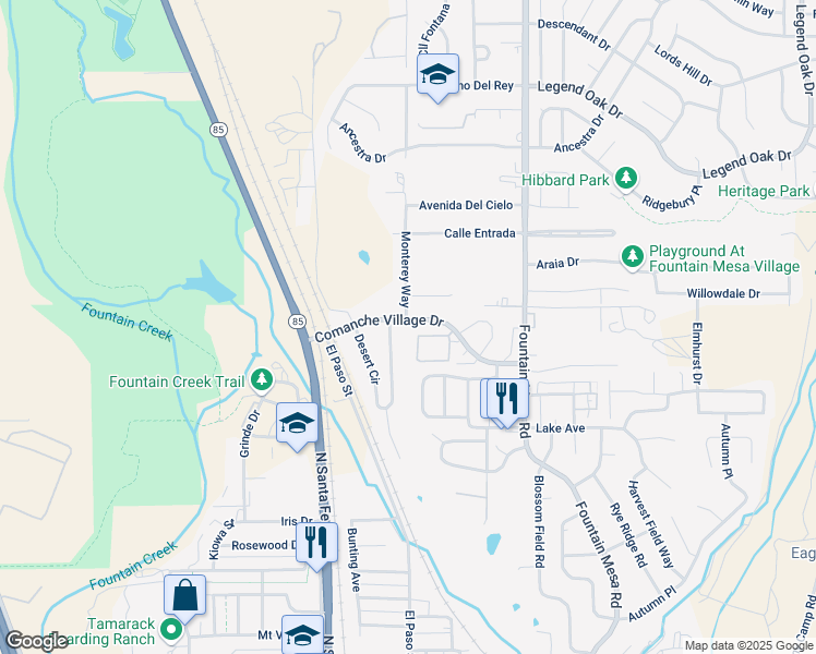 map of restaurants, bars, coffee shops, grocery stores, and more near 313 Comanche Village Drive in Fountain